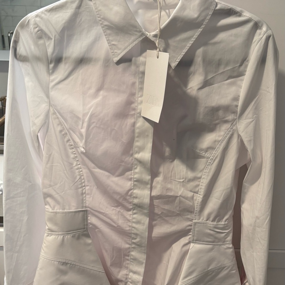 Zara White Tailored Peplum Button-Front Blouse - Picture 3 of 4